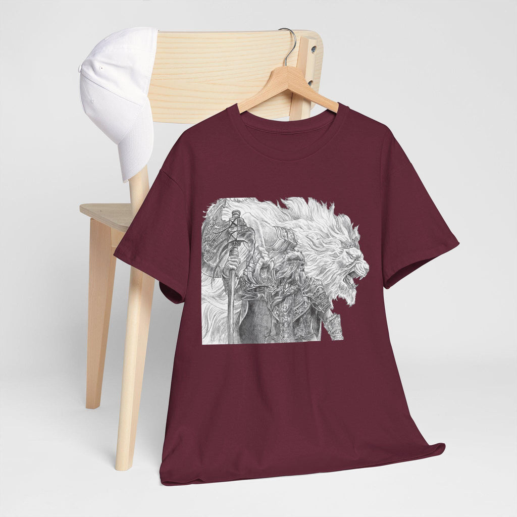Elden Ring Lion Warrior Graphic Tee: Medieval Fantasy Hand-Drawn Design