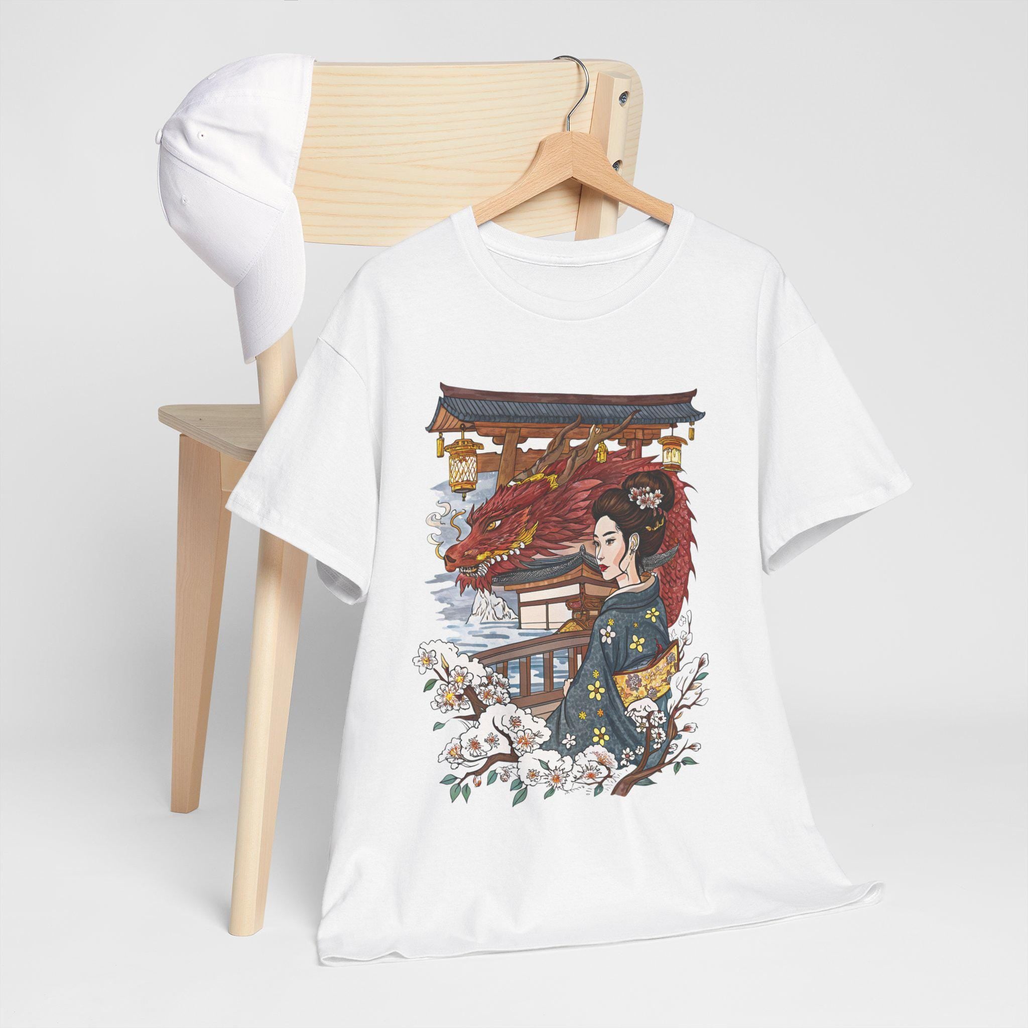 Japanese Woman and Dragon Graphic Tee: Fantasy Art Shirt