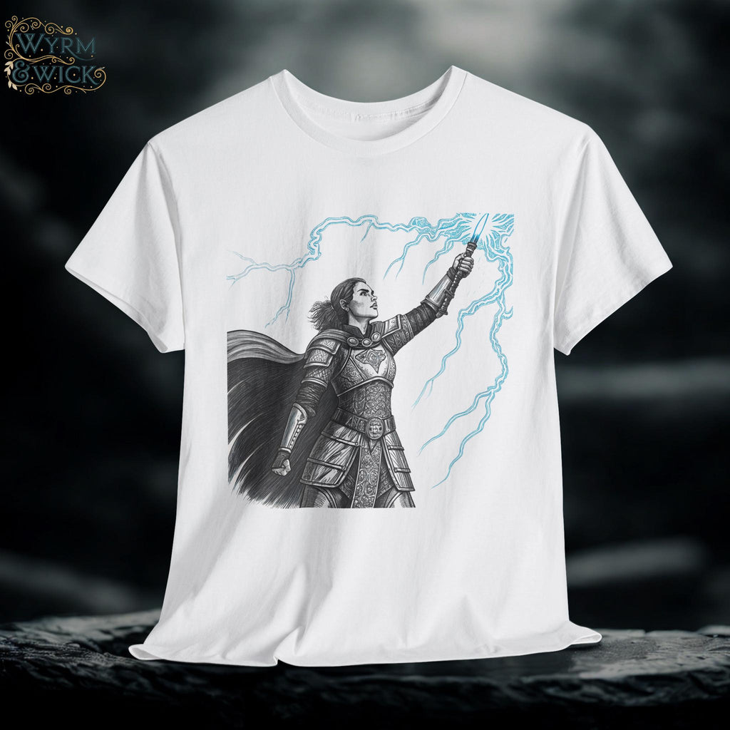 Electric Knight Mage Unisex Tee: Hand-Drawn Medieval Fantasy Graphic