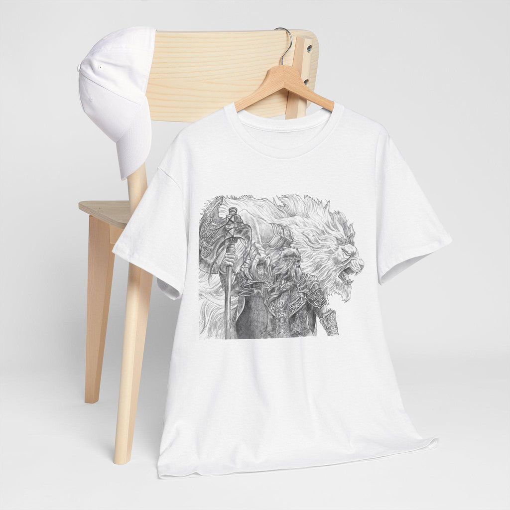 Elden Ring Lion Warrior Graphic Tee: Medieval Fantasy Hand-Drawn Design