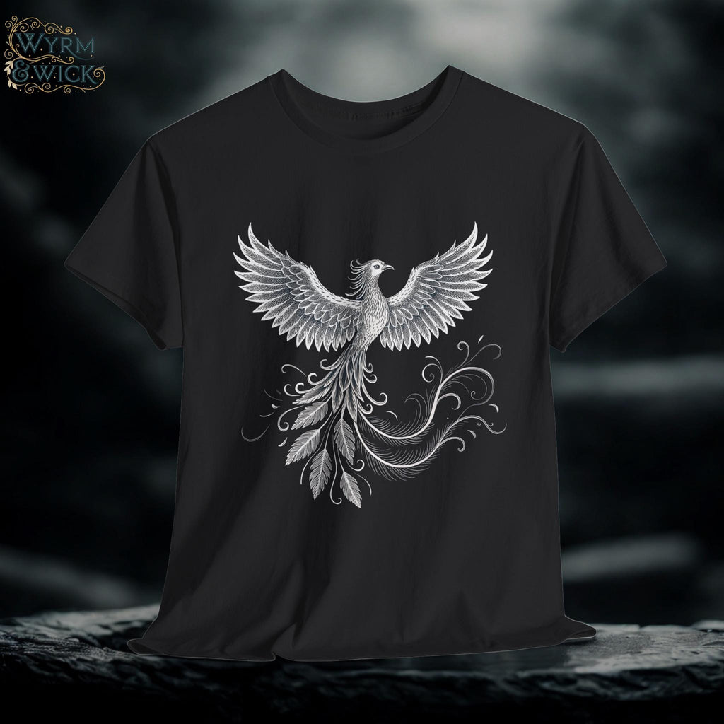 Gothic Phoenix Graphic Tee: White Ink Fantasy Bird Shirt