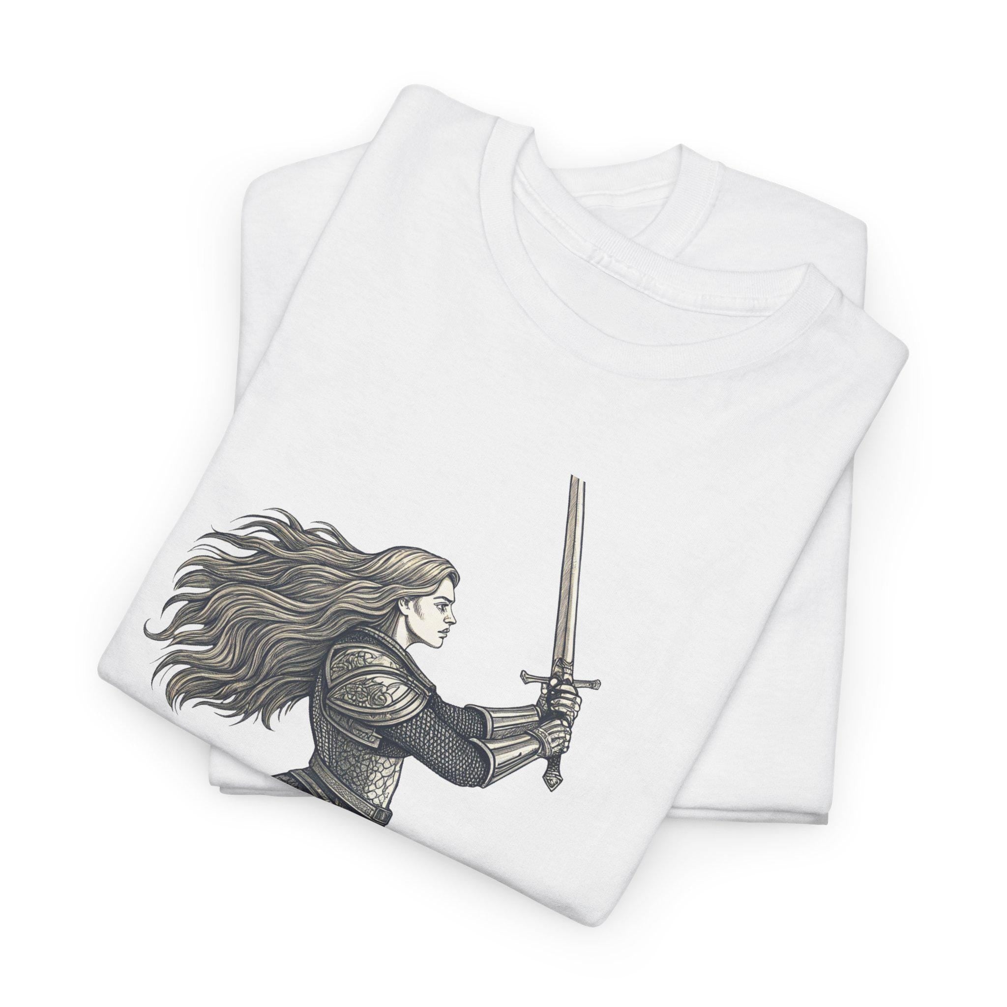 Female Knight Graphic Tee: Medieval Sword Art, Cotton Warrior T-Shirt
