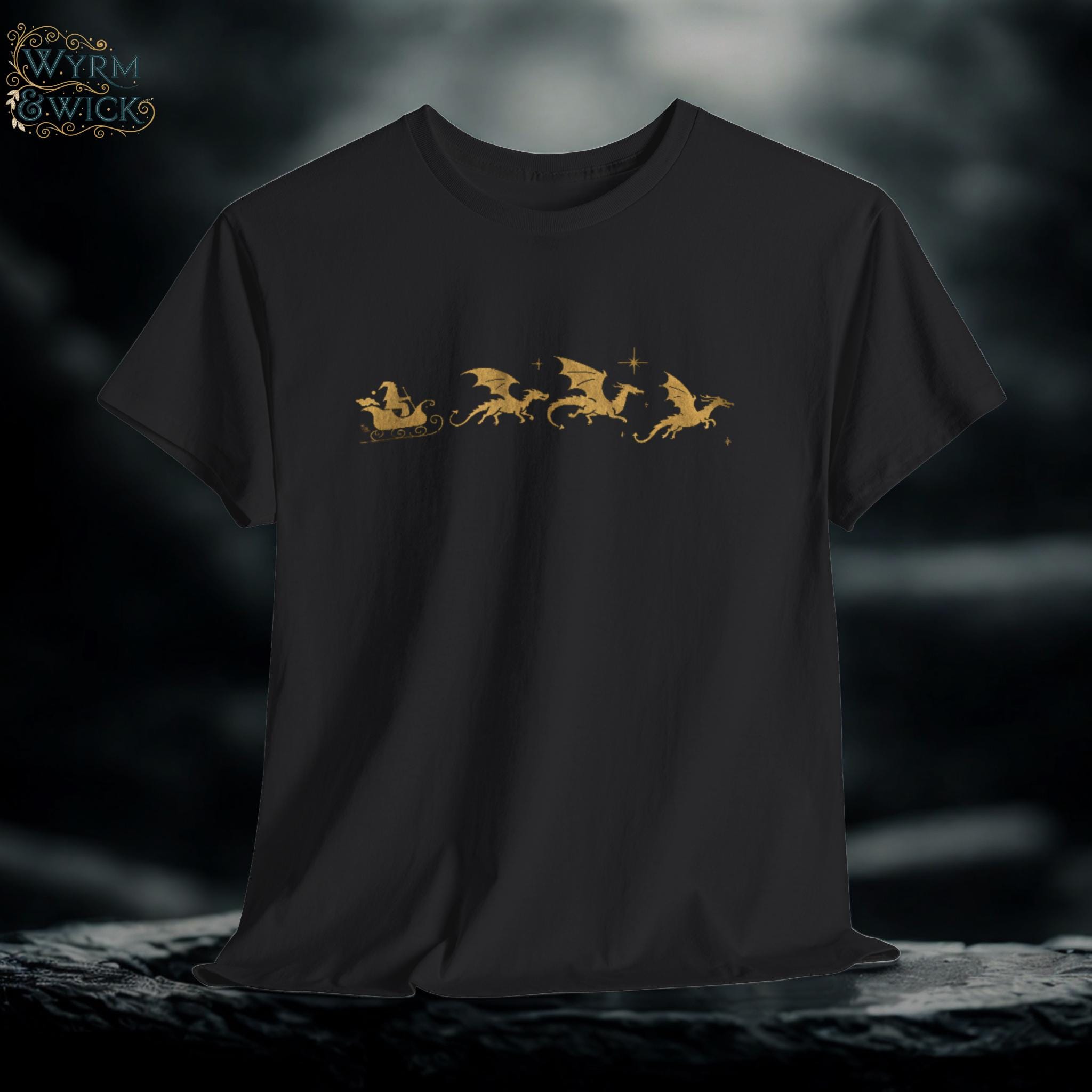 Santa's Sleigh Pulled by Dragons Tee | Fantasy Christmas Dragon Holiday Shirt