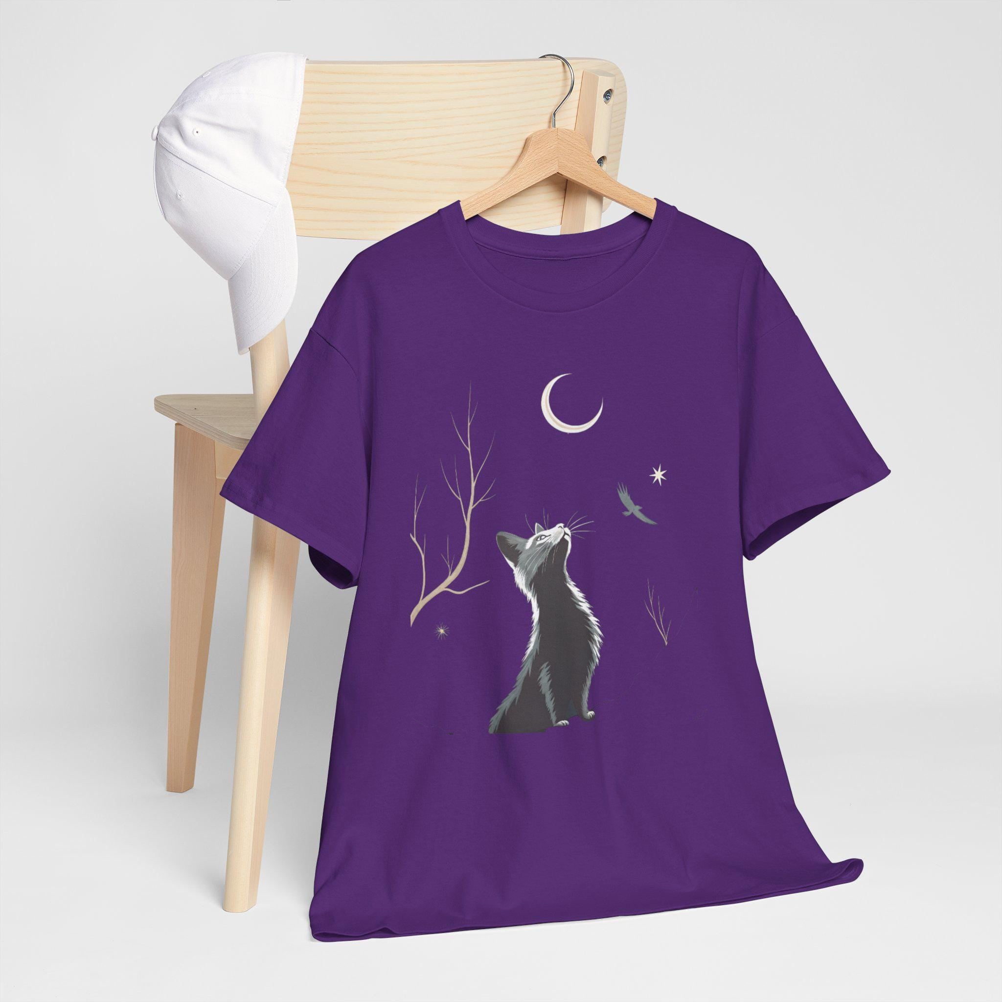 Moonlight Cat Graphic Tee: Gothic Cotton T-Shirt, Dark Cat Lover Gift