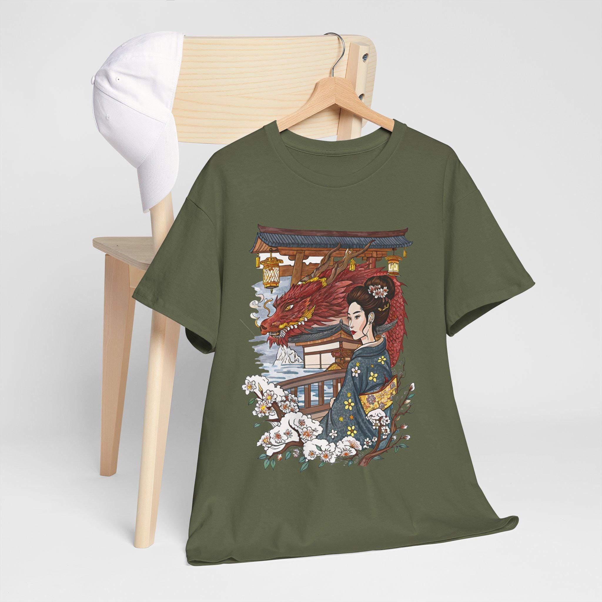 Japanese Woman and Dragon Graphic Tee: Fantasy Art Shirt