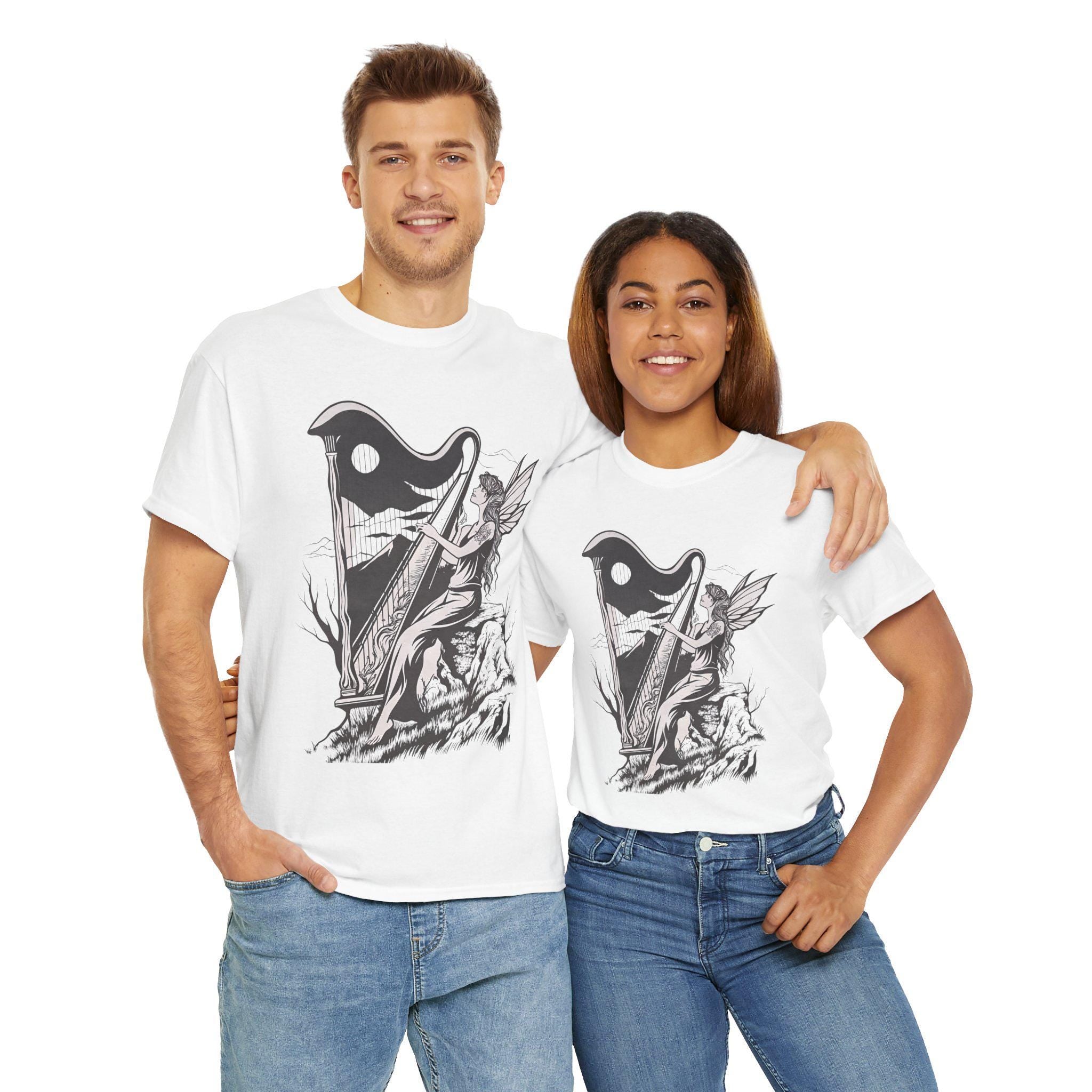 Angelic Fairy Harpist Graphic Tee: Vintage Gothic Fantasy Shirt