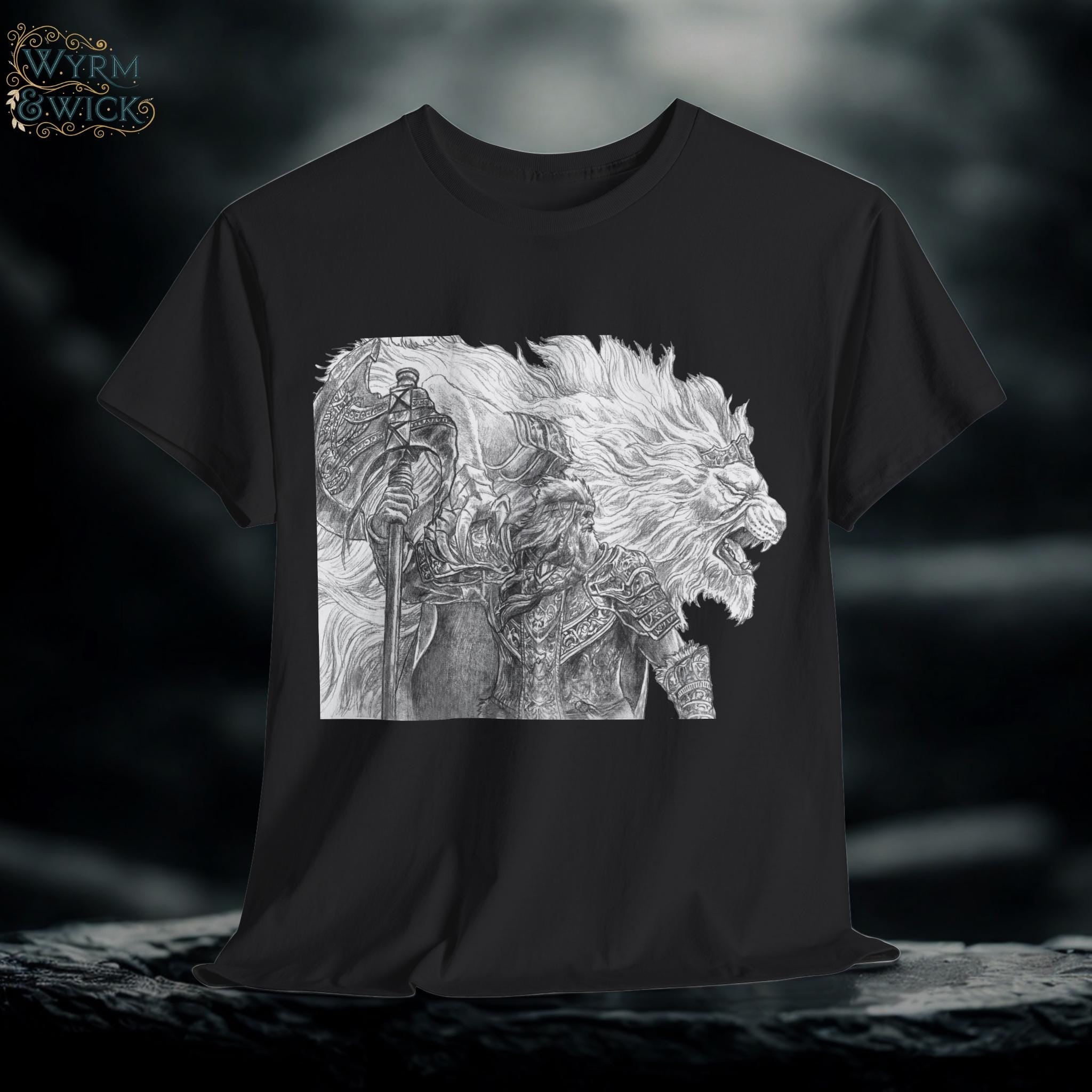 Elden Ring Lion Warrior Graphic Tee: Medieval Fantasy Hand-Drawn Design