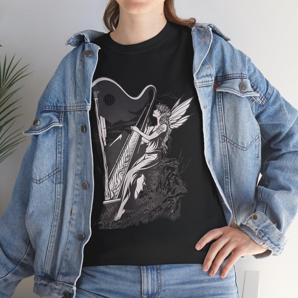 Angelic Fairy Harpist Graphic Tee: Vintage Gothic Fantasy Shirt