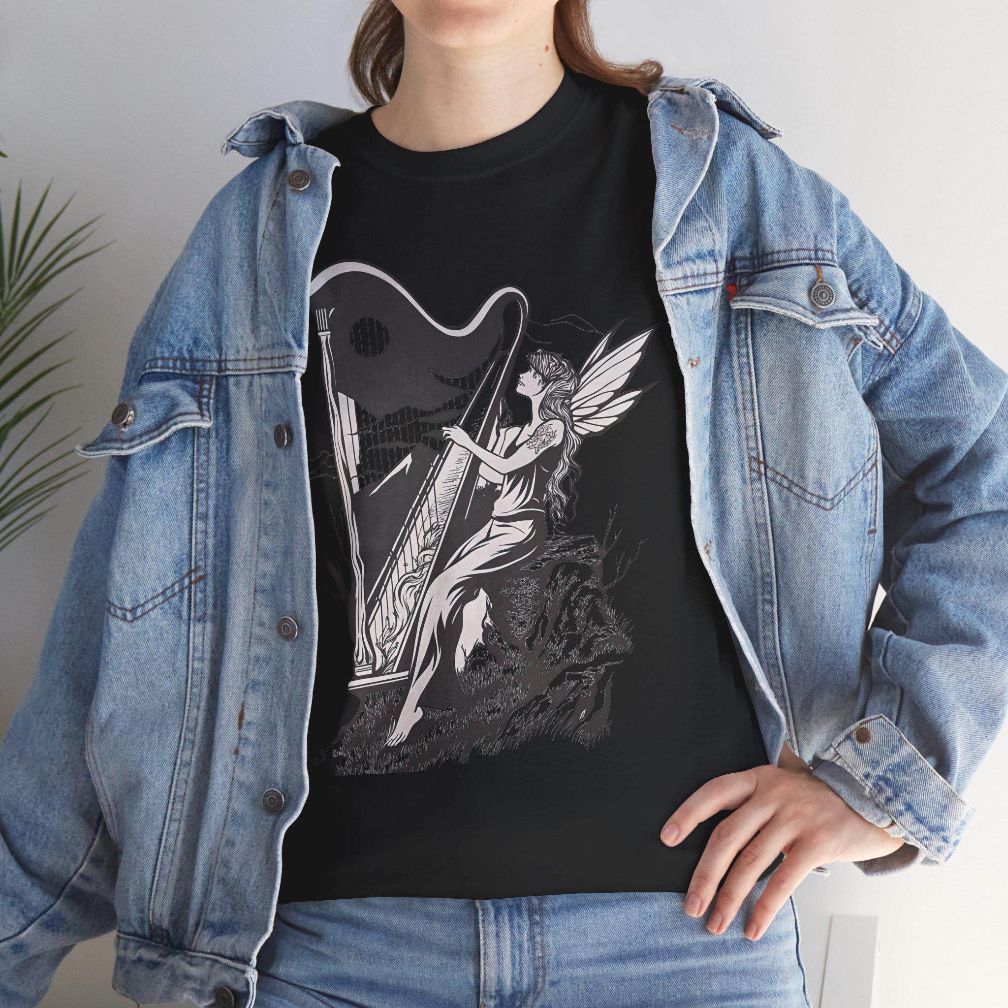 Angelic Fairy Harpist Graphic Tee: Vintage Gothic Fantasy Shirt