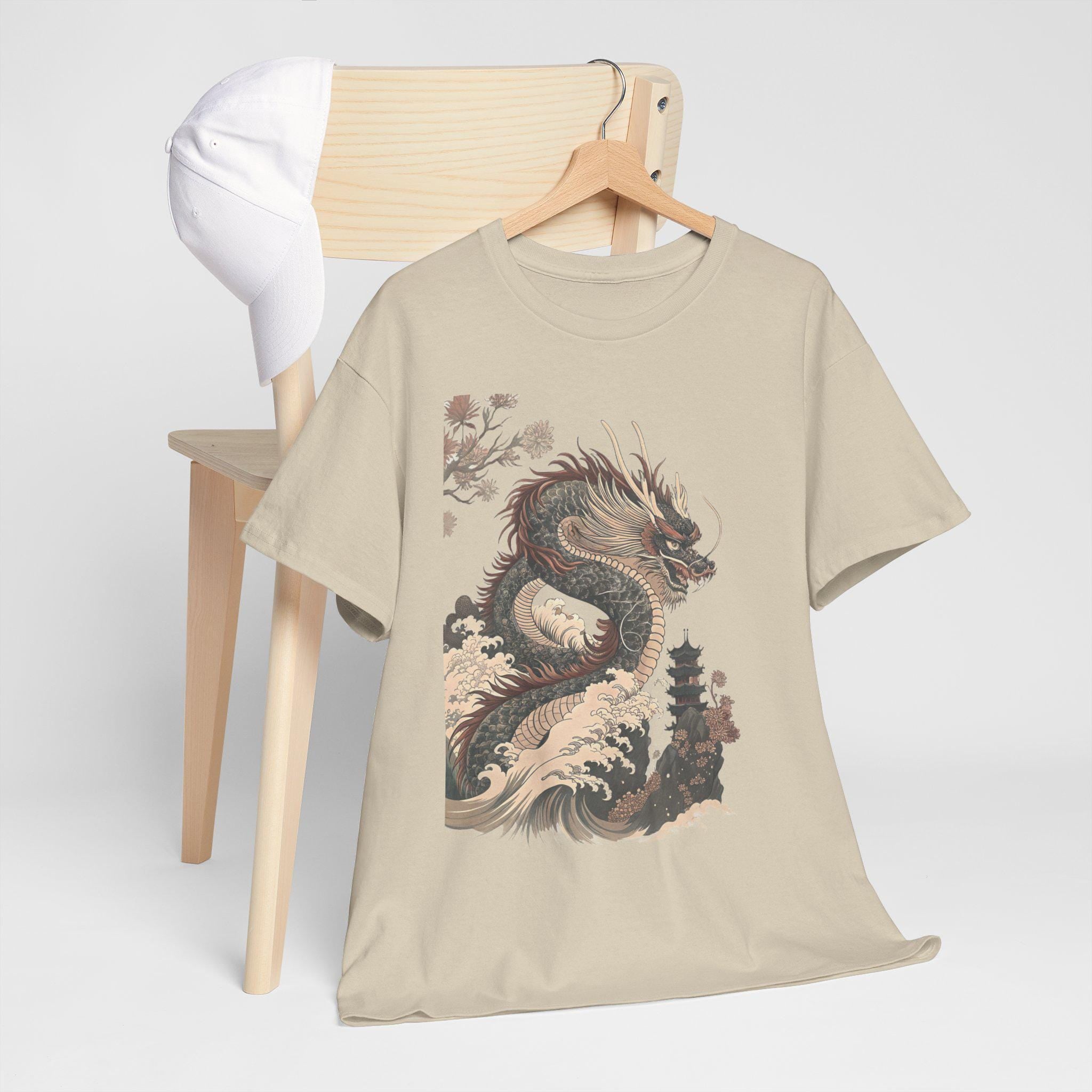 Vintage Japanese Dragon Graphic Tee: Mythical Fantasy Cotton Shirt