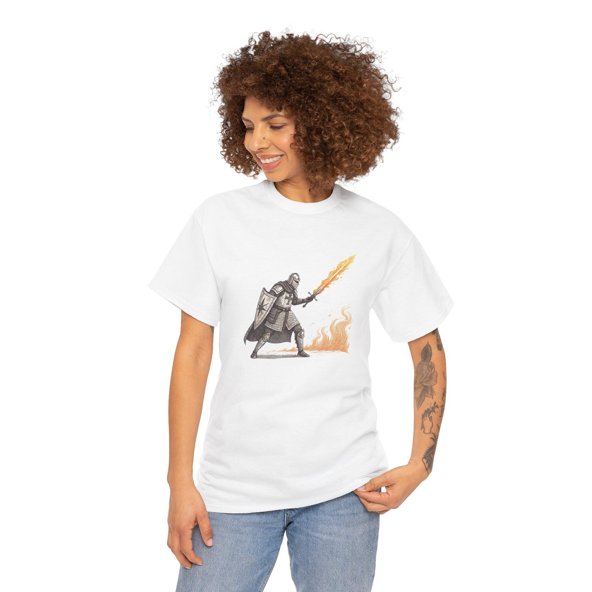 Flaming Sword Knight Graphic Tee: Medieval Armor Warrior Shirt