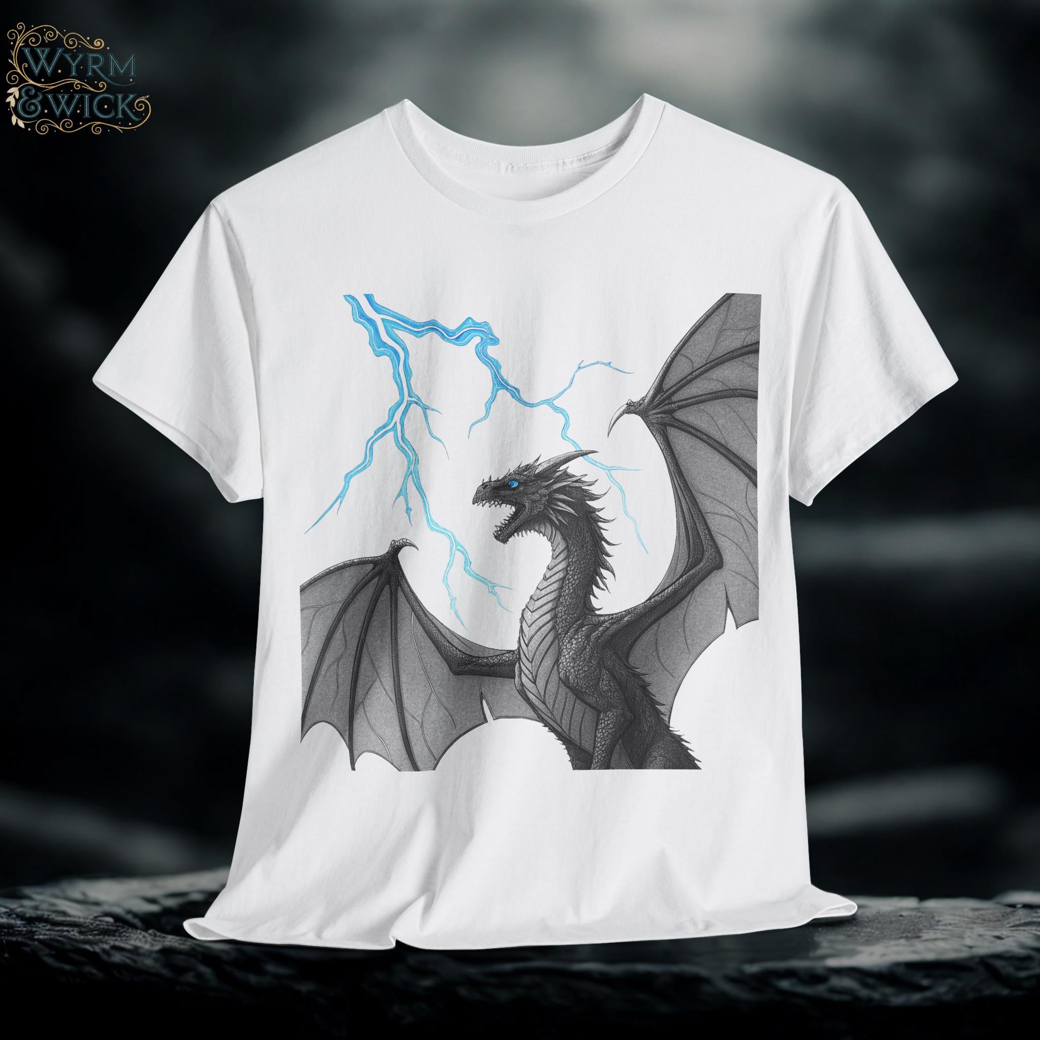 Dragon Lightning Graphic Tee: Hand-Drawn Fantasy Art, Unisex T-Shirt