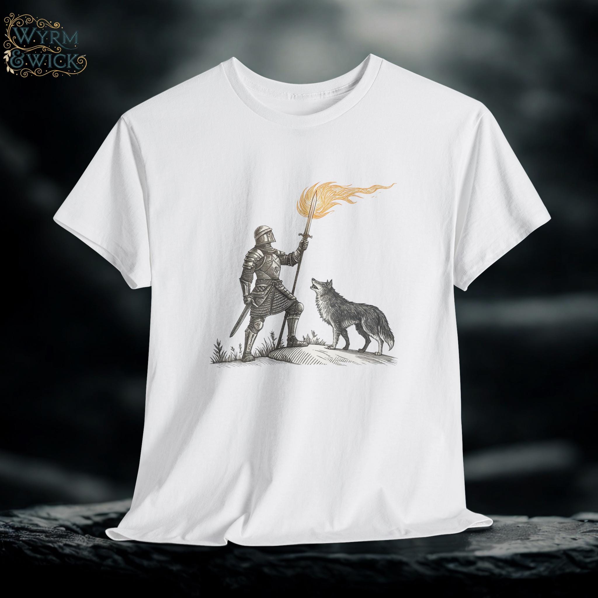Fantasy Knight and Wolf Graphic Tee: Medieval Warrior Shirt