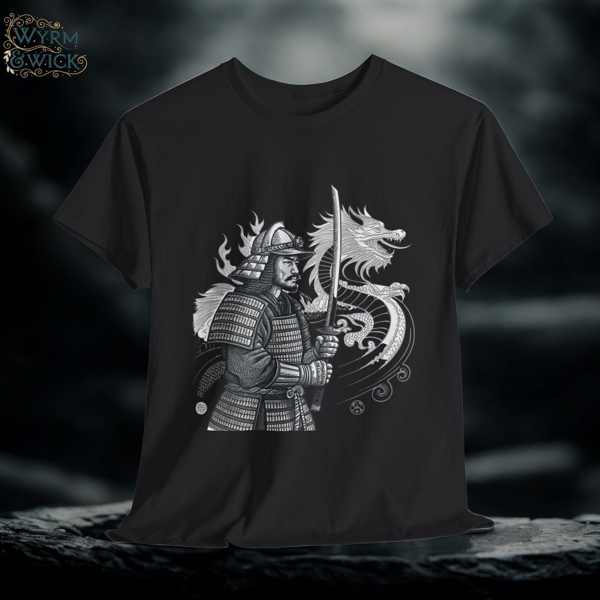 Samurai Dragon Graphic Tee: Hand-Drawn Japanese Warrior Shirt
