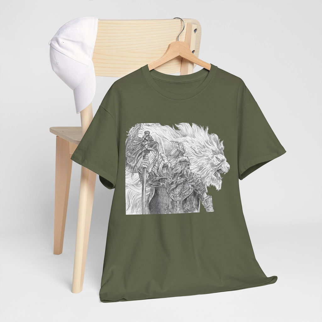 Elden Ring Lion Warrior Graphic Tee: Medieval Fantasy Hand-Drawn Design