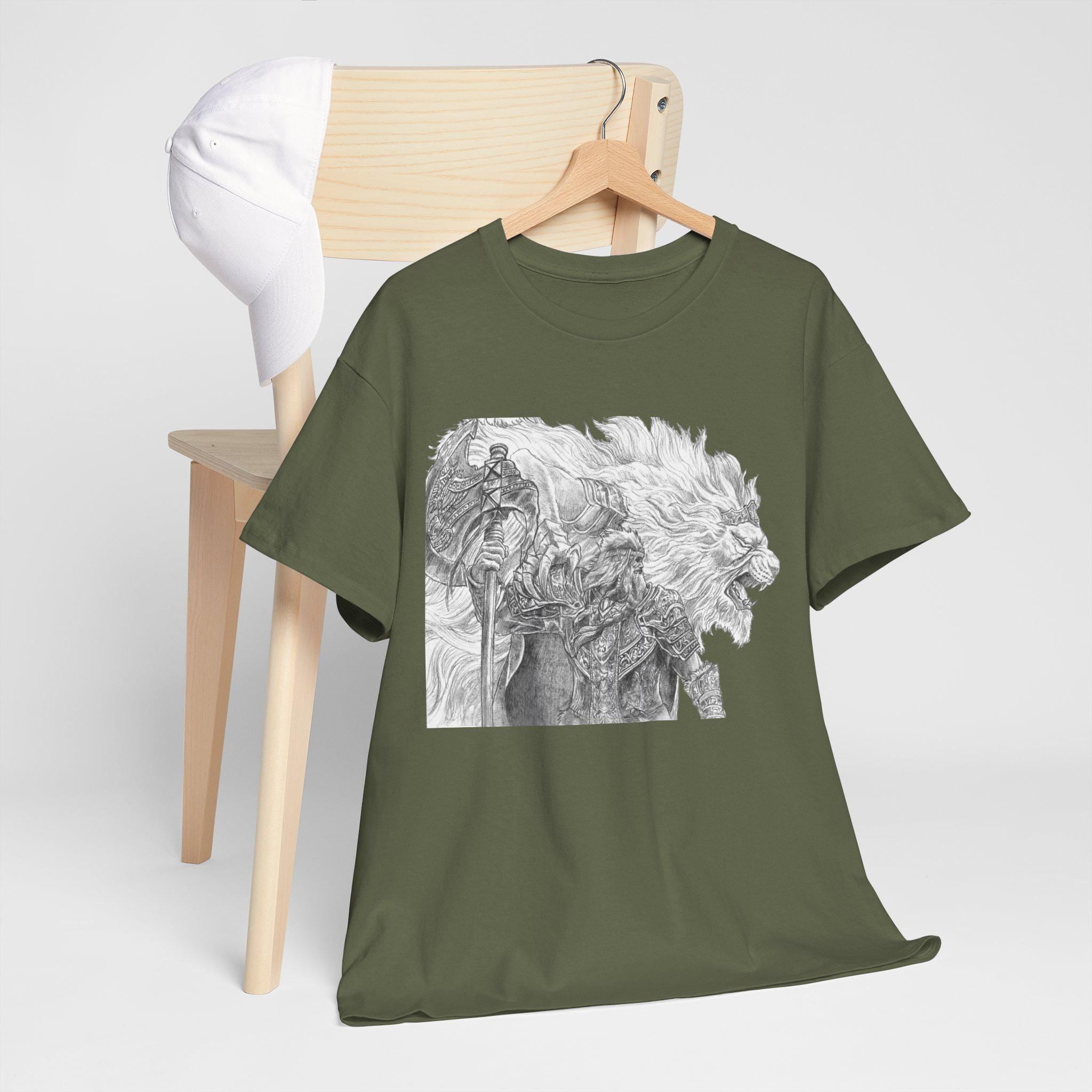 Elden Ring Lion Warrior Graphic Tee: Medieval Fantasy Hand-Drawn Design