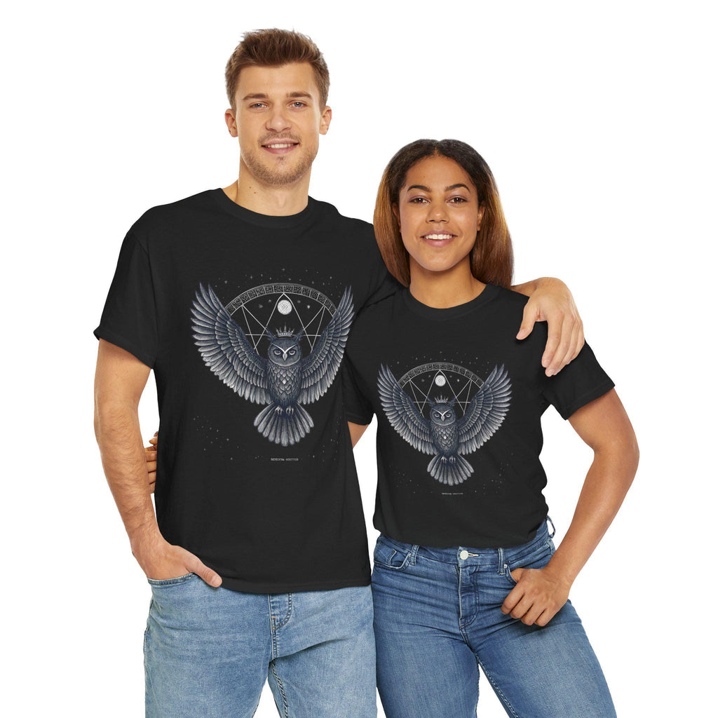 Crowned Owl Graphic T-Shirt: Fantasy Bird Design, White Ink Print