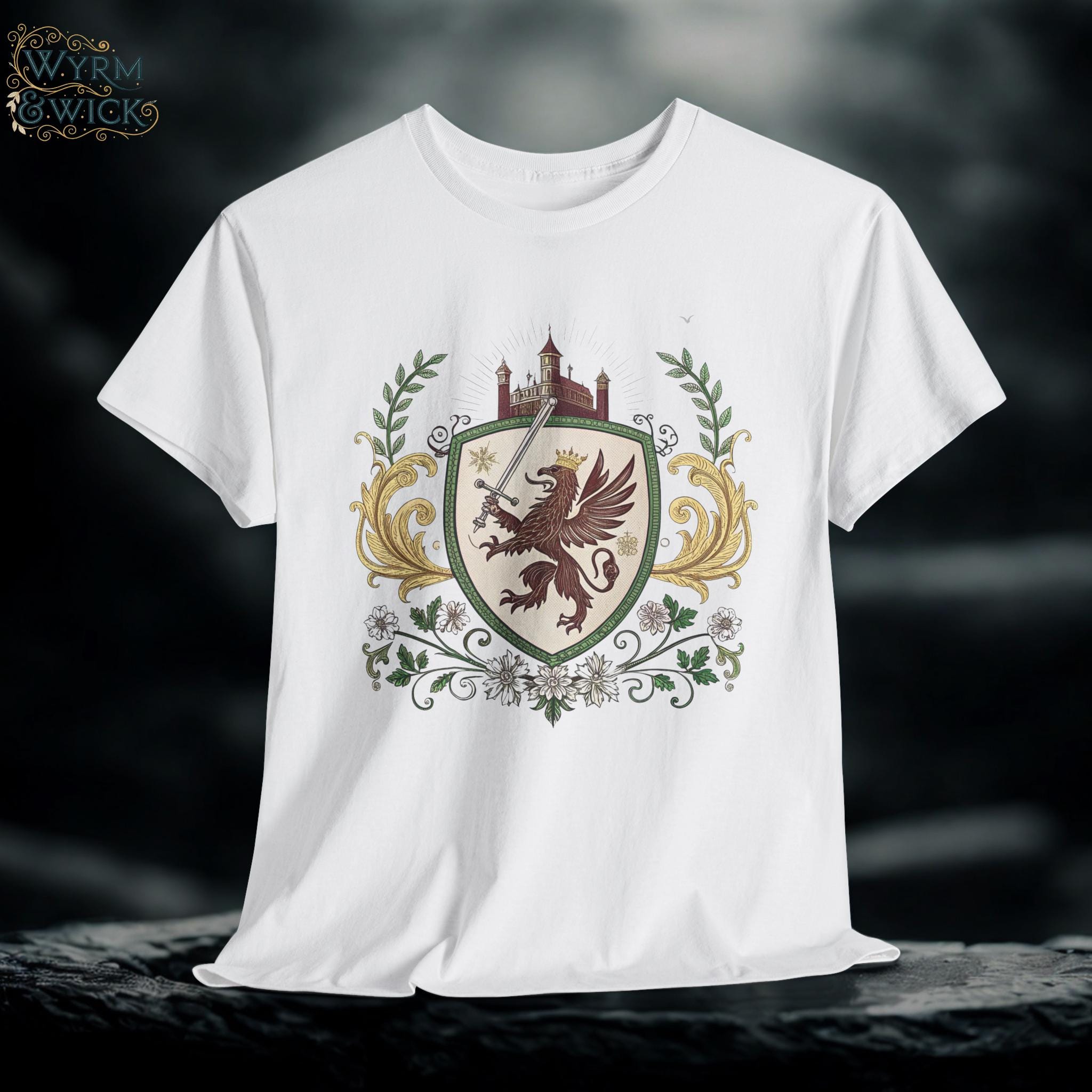Medieval Griffin Graphic Tee: Fantasy Castlecore Emblem, Unisex Cotton Shirt