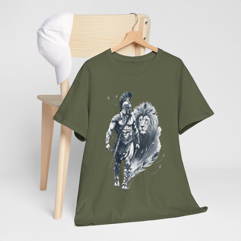Spartan & Lion Tattoo Tee: Ethereal White Ink, Greek Mythology Shirt