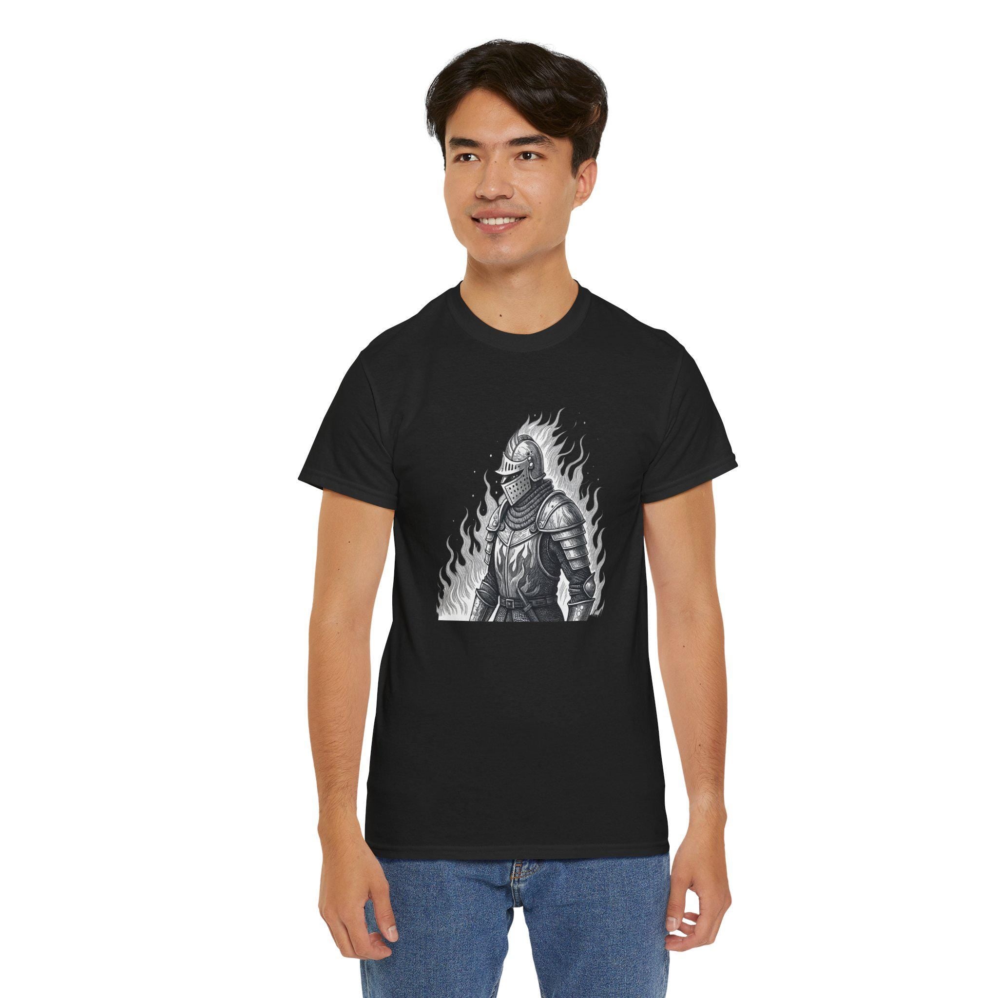 Flaming Knight Graphic Tee: Medieval Fantasy Unisex T-Shirt