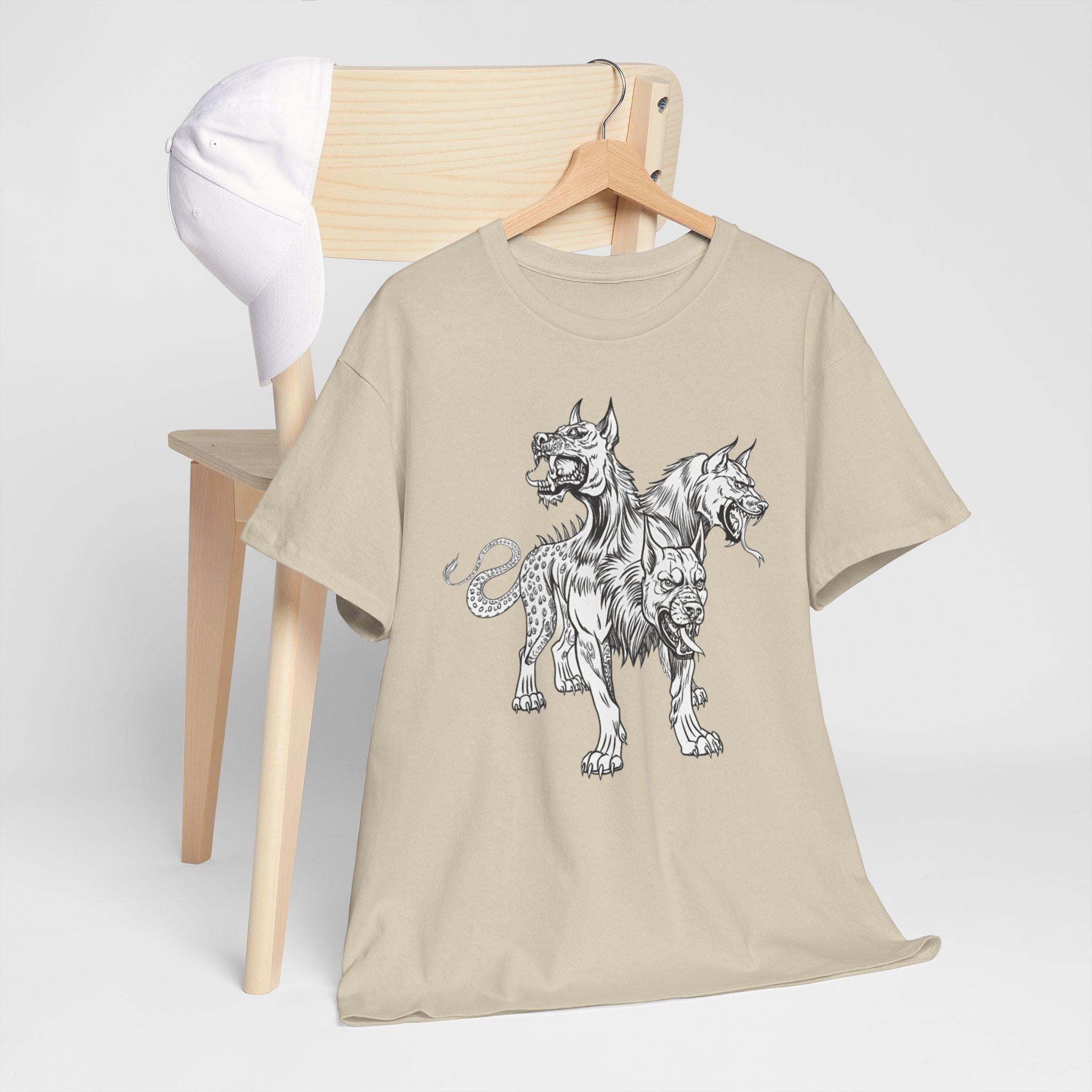 Cerberus Graphic Tee: Mythical Three-Headed Dog Cotton T-Shirt