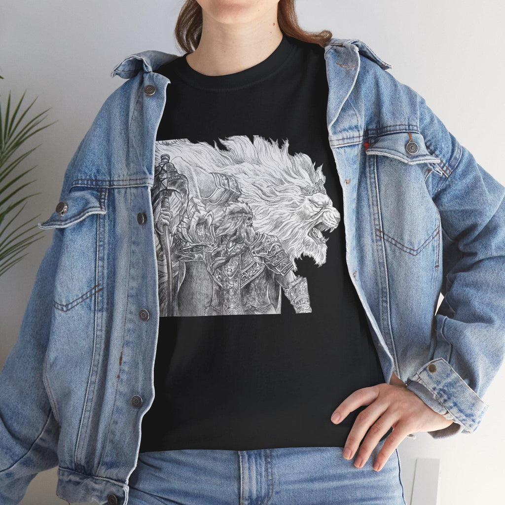 Elden Ring Lion Warrior Graphic Tee: Medieval Fantasy Hand-Drawn Design