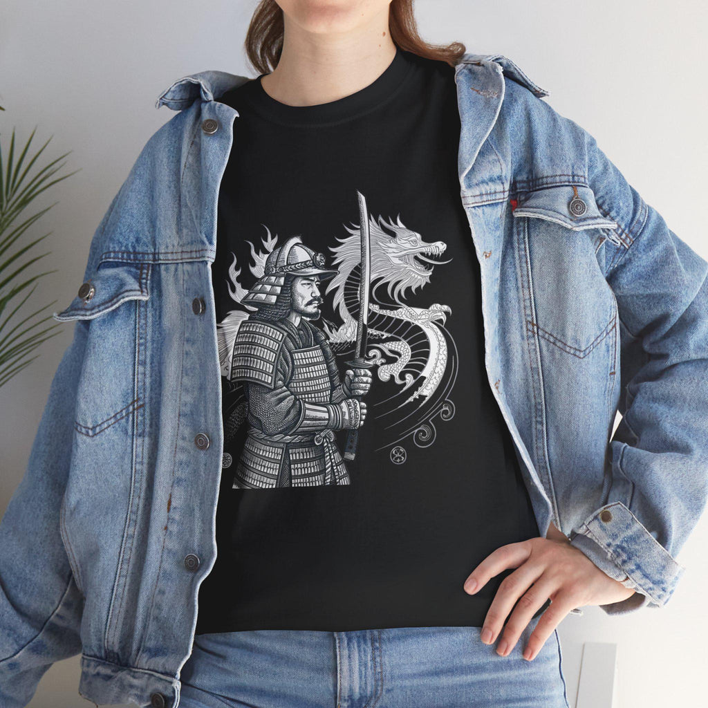 Samurai Dragon Graphic Tee: Hand-Drawn Japanese Warrior Shirt