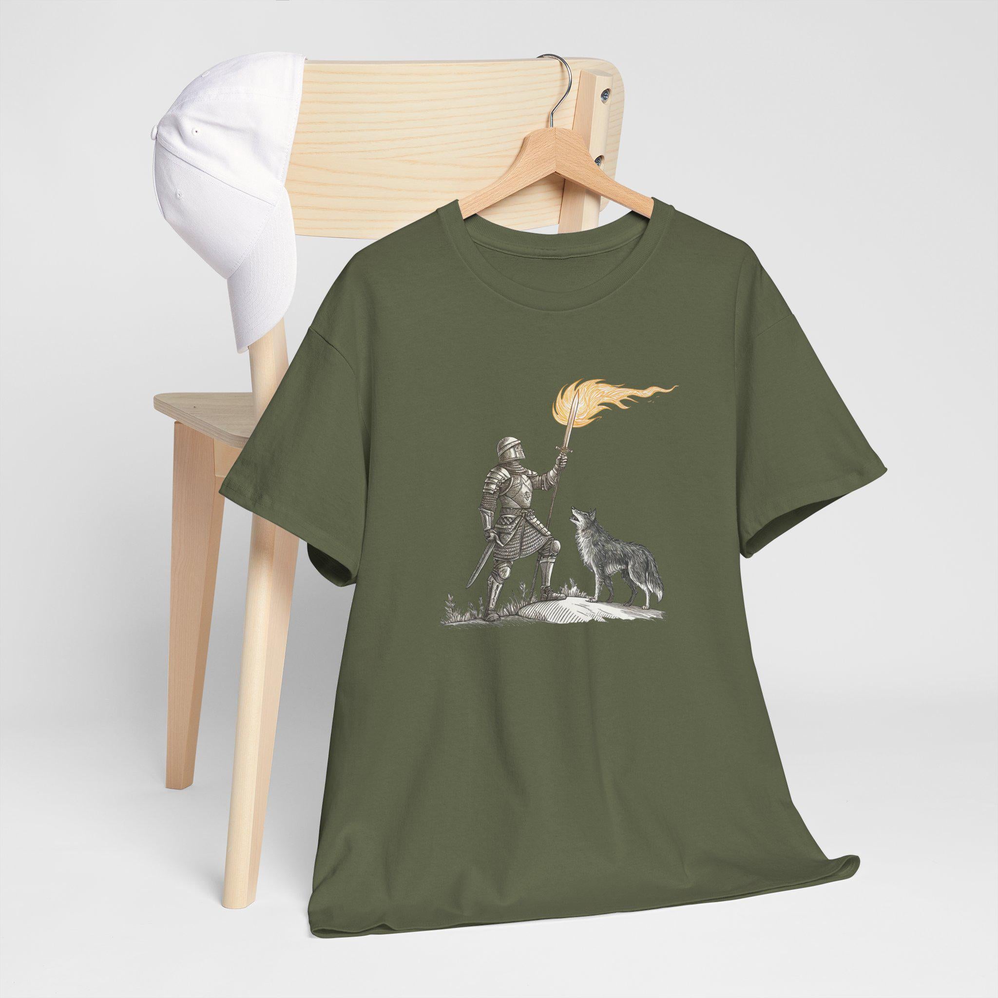 Fantasy Knight and Wolf Graphic Tee: Medieval Warrior Shirt