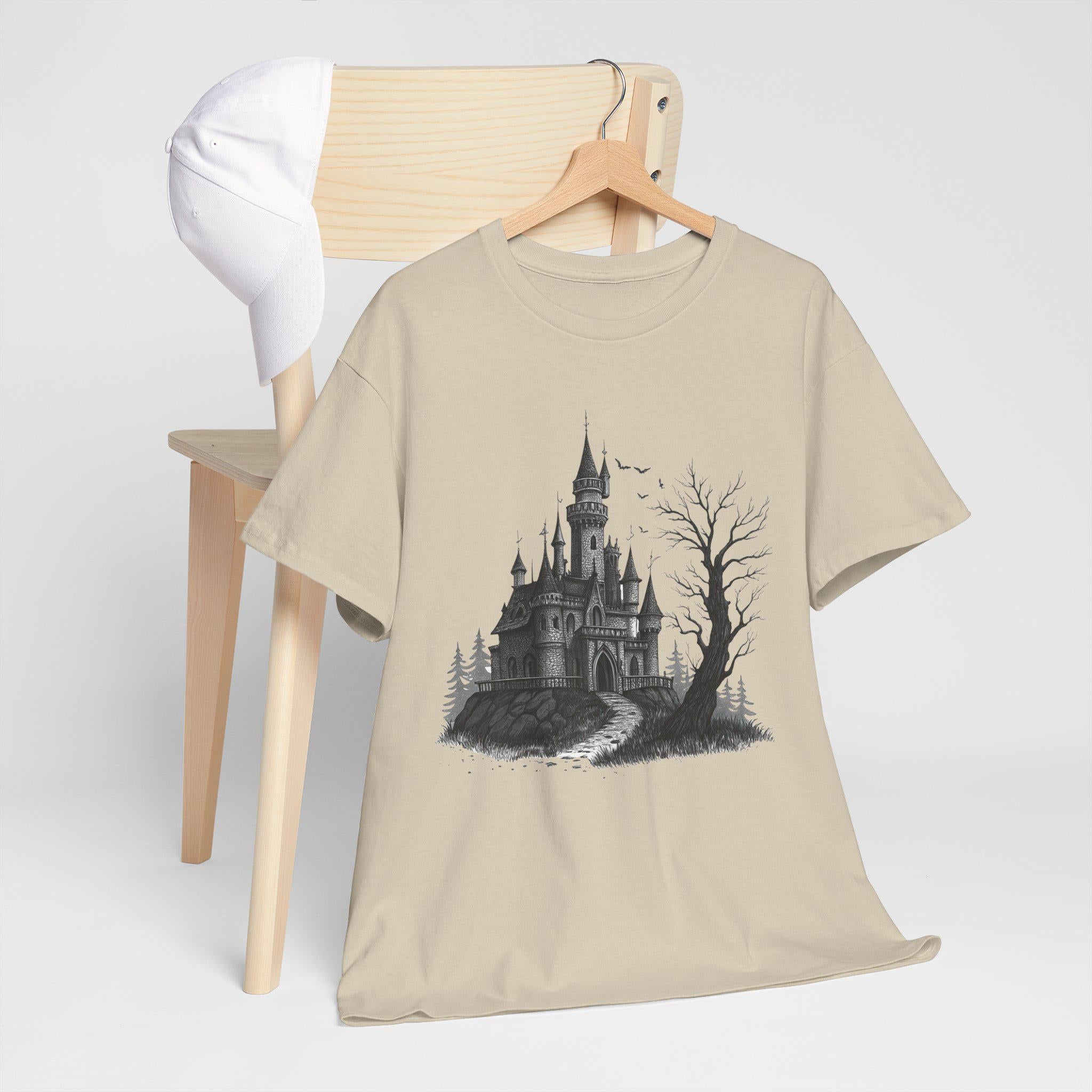Gothic Castle Graphic Tee: Hand-Drawn Medieval Fantasy T-Shirt