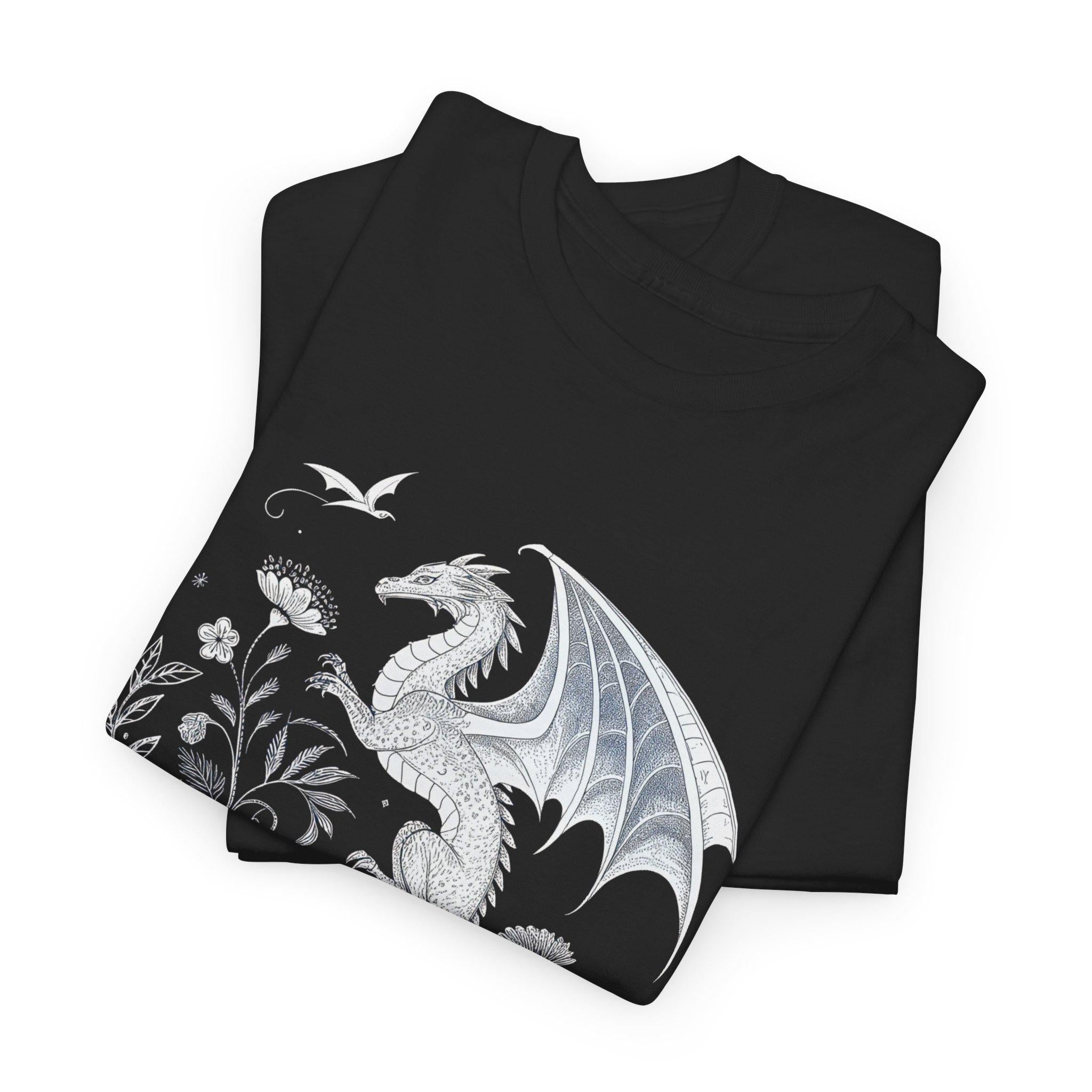 Medieval Dragon Flowers T-Shirt: Gothic Fantasy Graphic Tee