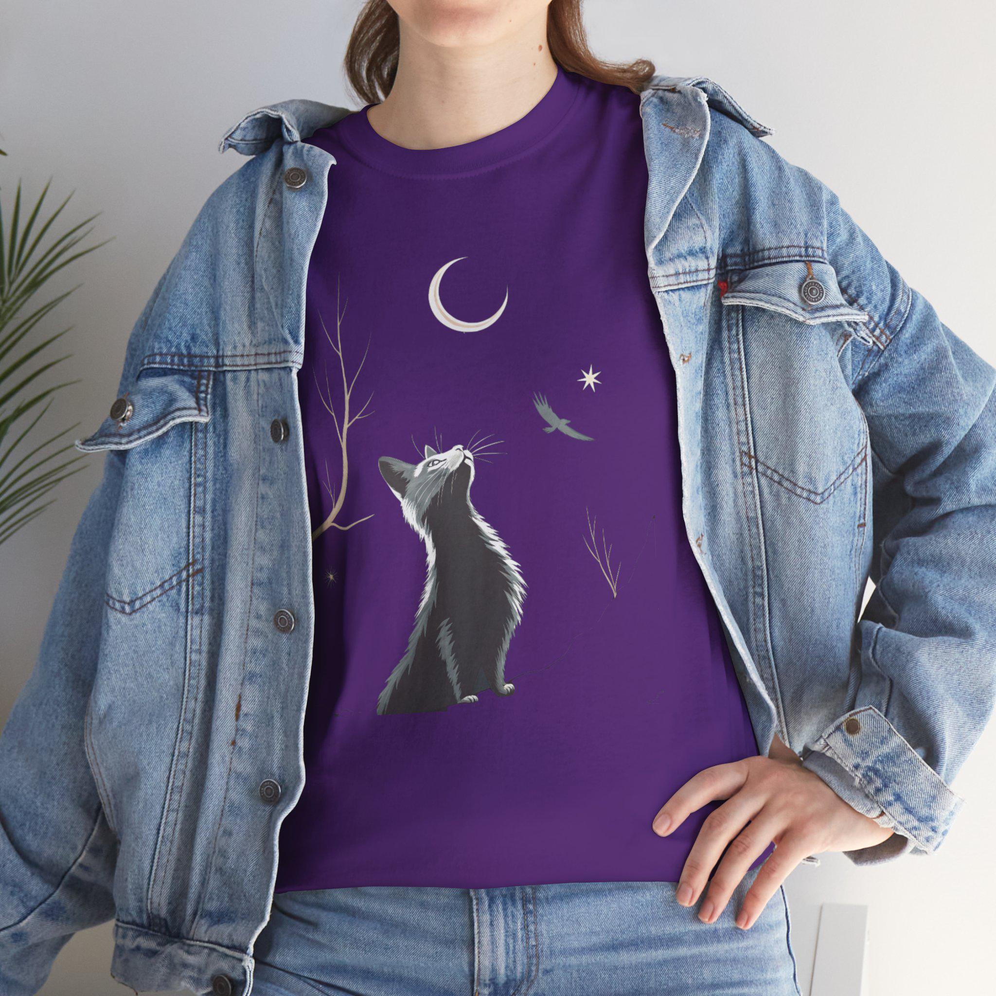 Moonlight Cat Graphic Tee: Gothic Cotton T-Shirt, Dark Cat Lover Gift