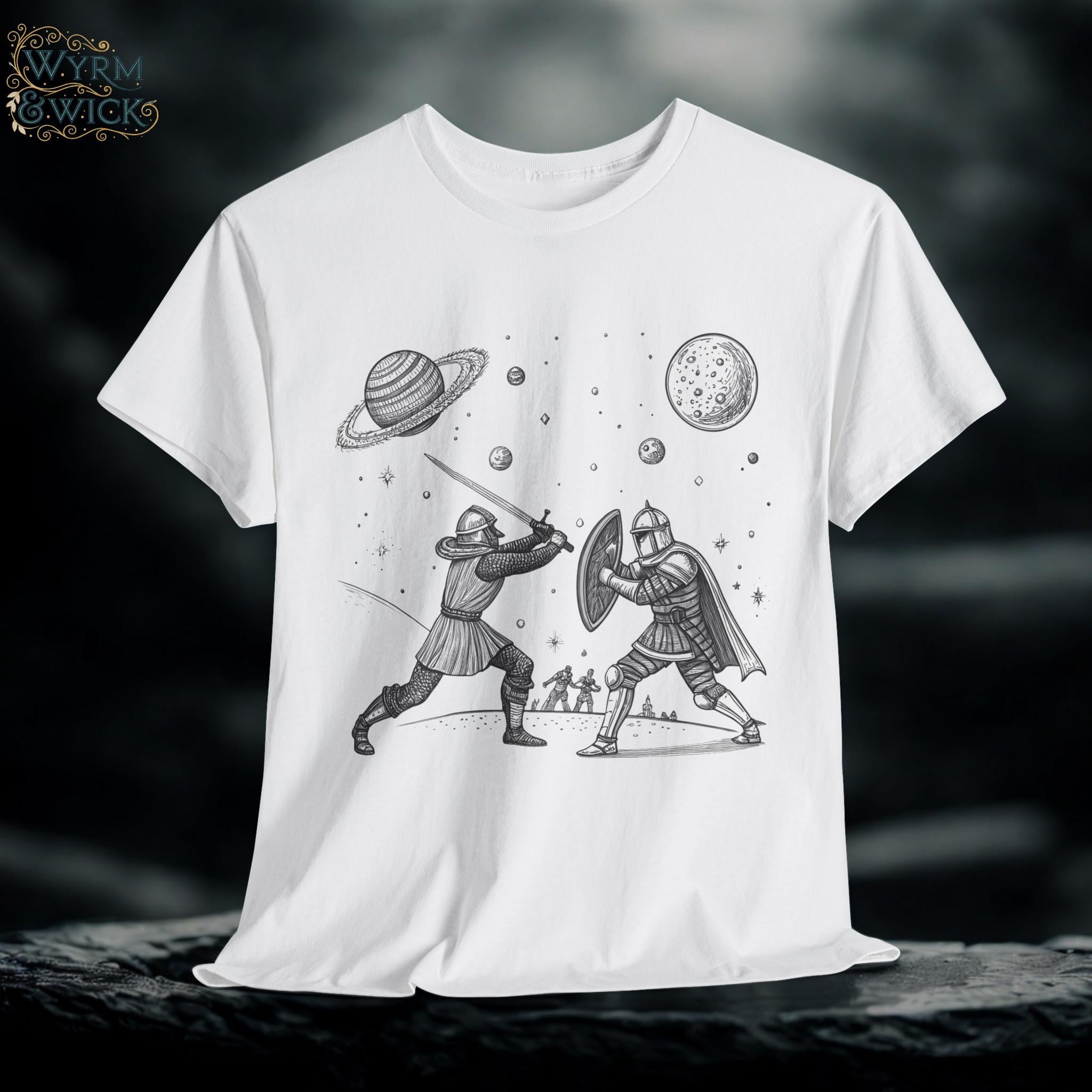 Galactic Medieval Duel Tee: Sci-Fi Fantasy Graphic T-Shirt
