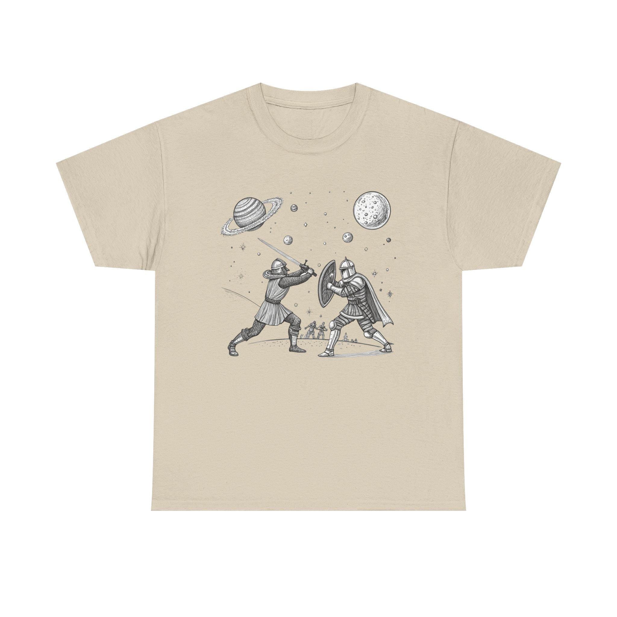 Galactic Medieval Duel Tee: Sci-Fi Fantasy Graphic T-Shirt